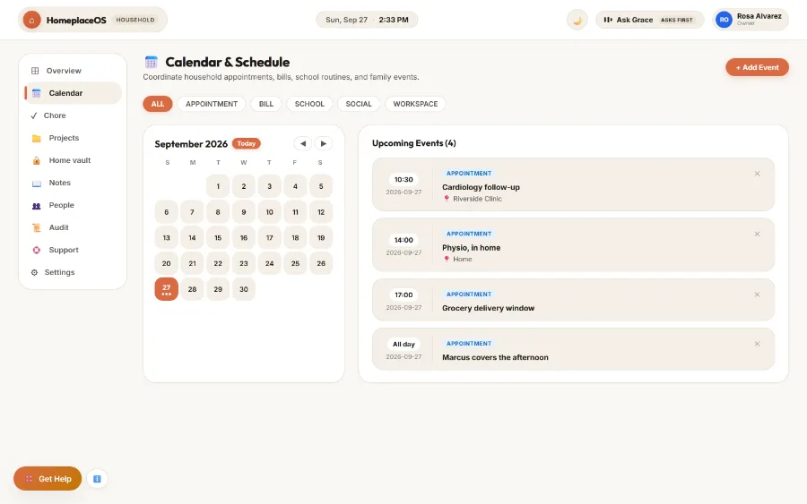 A month calendar with appointments and a note showing who is covering the afternoon.