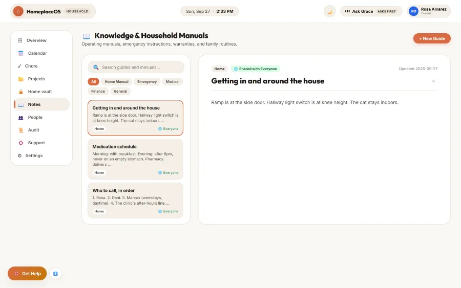 Saved notes covering a medication schedule, who to call in order, and how to get around the house.