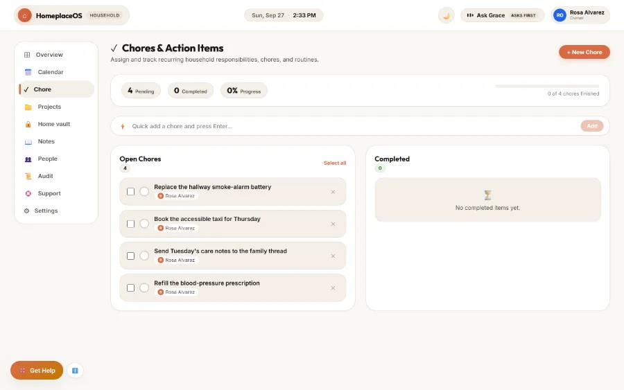 A task list including refilling a prescription and booking an accessible taxi, each showing who it belongs to.