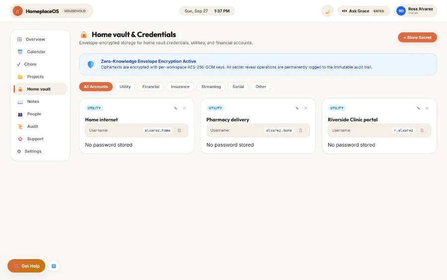 A vault listing saved logins such as a clinic portal and pharmacy delivery, with secrets hidden until revealed.